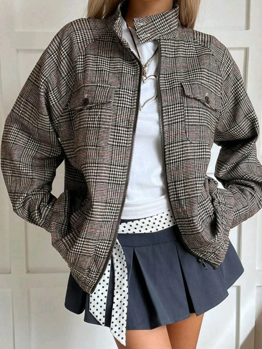 Women's Plaid Zipper Casual Versatile Daily Travel Long Sleeve Jacket